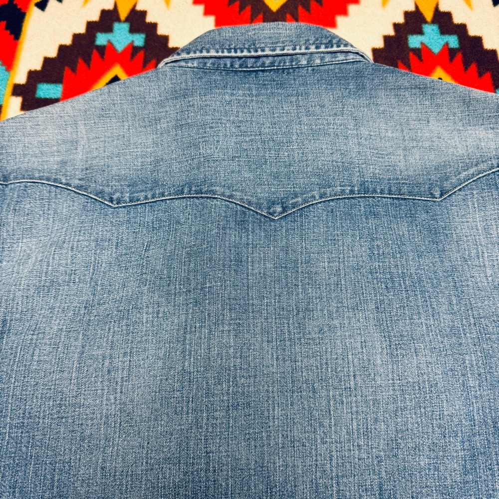 Ralph Lauren Purple Label Denim Western Shirt Large Blue Faded Wash Pearl Snap - Picture 11 of 11
